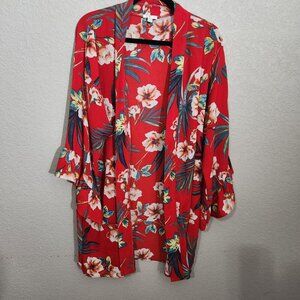 Floral Print Red Kimono Cardigan Ruffle Sleeves Womens XL Lightweight